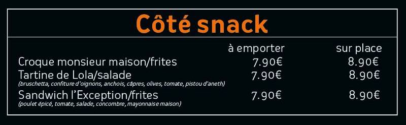 Carte des formules snack